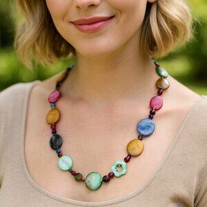 NWT Colorful Glass Bead Necklace Handmade Boho Vintage Style Statement Jewelry